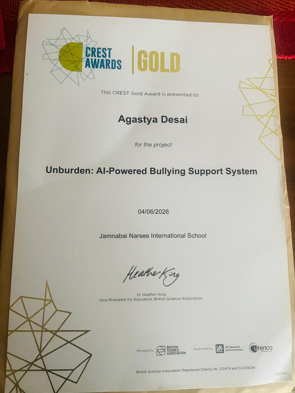CREST Gold Award certificate